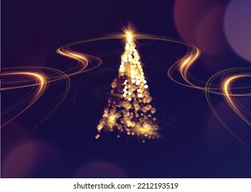 Brillante y mágico árbol de Navidad vectorial fondo de vacaciones. Tarjeta de saludo abstracta con un árbol de navidad de luces brillantes doradas en el fondo negro.