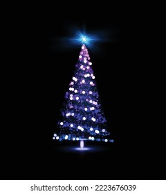 Shiny magical Cristmas tree made of magic dust particles vector holiday background. Abstract greeting card with bokeh golden glowing lights christmas tree on black background.