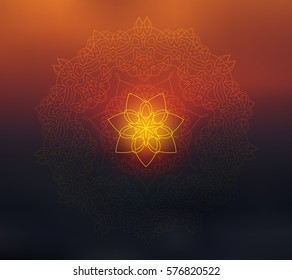 Shiny mandala on blurred background. Blur sunset colors. Sacred geometry. Indian traditional ethnic ornament. For yoga studio or meditation classes, flyer, card, invitation. Vector EPS10 illustration.