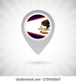 Shiny map pin with flag of American Samoa country. Abstract map marker with flag over classic background
