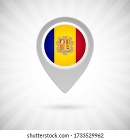 Shiny map pin with flag of Andorra country. Abstract map marker with flag over classic background