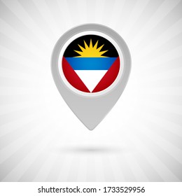 Shiny map pin with flag of Antigua and Barbuda country. Abstract map marker with flag over classic background