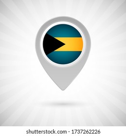 Shiny map pin with flag of Bahamas country. Abstract map marker with flag over classic background