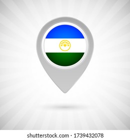 Pin de mapa brillante con bandera del país de Bashkortostán. Marcador de mapa abstracto con bandera sobre fondo clásico