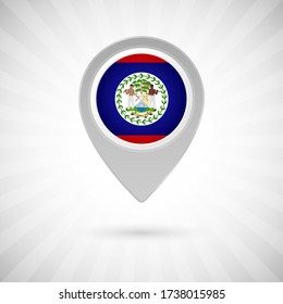 Shiny map pin with flag of Belize country. Abstract map marker with flag over classic background