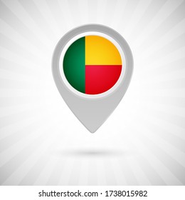Shiny map pin with flag of Benin country. Abstract map marker with flag over classic background