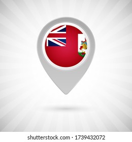 Shiny map pin with flag of Bermuda country. Abstract map marker with flag over classic background