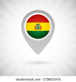 Shiny map pin with flag of Bolivia country. Abstract map marker with flag over classic background