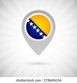 Shiny map pin with flag of Bosnia and Herzegovina country. Abstract map marker with flag over classic background