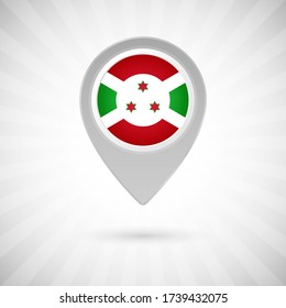 Shiny map pin with flag of Burundi country. Abstract map marker with flag over classic background