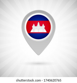 Shiny map pin with flag of Cambodia country. Abstract map marker with flag over classic background