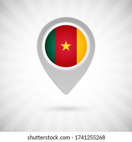 Shiny map pin with flag of Cameroon country. Abstract map marker with flag over classic background