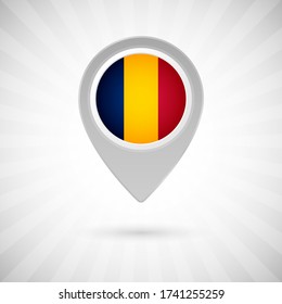 Shiny map pin with flag of Chad country. Abstract map marker with flag over classic background
