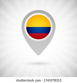Shiny map pin with flag of Colombia country. Abstract map marker with flag over classic background