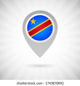 Shiny map pin with flag of Democratic Republic of the Congo country. Abstract map marker with flag over classic background