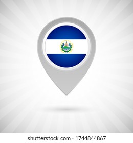 Shiny map pin with flag of El Salvador country. Abstract map marker with flag over classic background