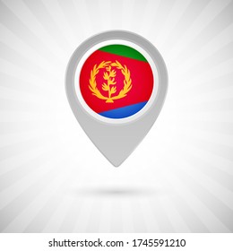 Shiny map pin with flag of Eritrea country. Abstract map marker with flag over classic background
