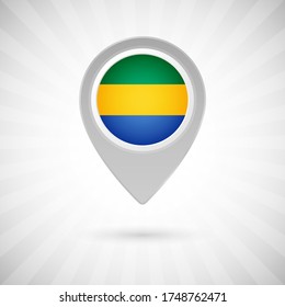 Shiny map pin with flag of Gabon country. Abstract map marker with flag over classic background