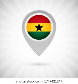 Shiny map pin with flag of Ghana country. Abstract map marker with flag over classic background