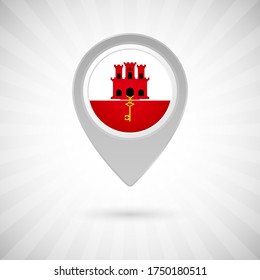 Shiny map pin with flag of Gibraltar country. Abstract map marker with flag over classic background