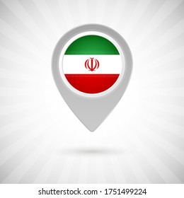 Luminoso alfiler de mapa con la bandera del país iraní. Marcador de mapa abstracto con bandera sobre fondo clásico