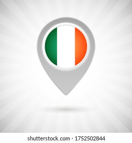 Shiny map pin with flag of Ireland country. Abstract map marker with flag over classic background