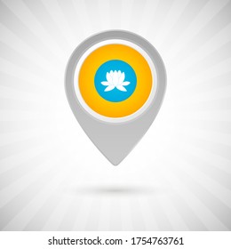 Shiny map pin with flag of Kalmykia country. Abstract map marker with flag over classic background
