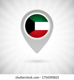 Shiny map pin with flag of Kuwait country. Abstract map marker with flag over classic background