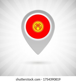 Shiny map pin with flag of Kyrgyzstan country. Abstract map marker with flag over classic background
