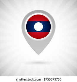 Shiny map pin with flag of Laos country. Abstract map marker with flag over classic background