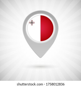 Pabellón de mapa brillante con bandera del país de Malta. Marcador de mapa abstracto con bandera sobre fondo clásico