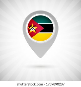 Shiny map pin with flag of Mozambique country. Abstract map marker with flag over classic background
