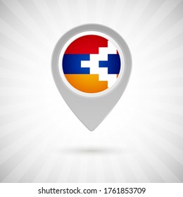 Pin de mapa brillante con bandera del país de Nagorno-Karabakh. Marcador de mapa abstracto con bandera sobre fondo clásico