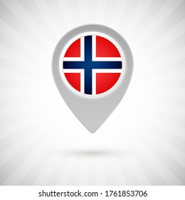 Shiny map pin with flag of Norway country. Abstract map marker with flag over classic background