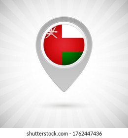 Shiny map pin with flag of Oman country. Abstract map marker with flag over classic background