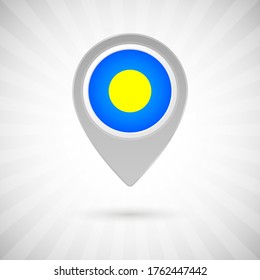 Shiny map pin with flag of Palau country. Abstract map marker with flag over classic background