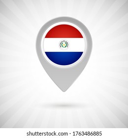 Shiny map pin with flag of Paraguay country. Abstract map marker with flag over classic background