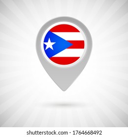 Luminoso alfiler de mapa con bandera del país de Puerto Rico. Marcador de mapa abstracto con bandera sobre fondo clásico