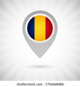 Shiny map pin with flag of Romania country. Abstract map marker with flag over classic background