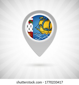 Shiny map pin with flag of Saint Pierre and Miquelon country. Abstract map marker with flag over classic background