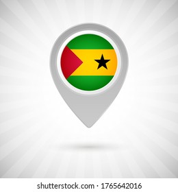 Shiny map pin with flag of Sao Tome and Principe country. Abstract map marker with flag over classic background