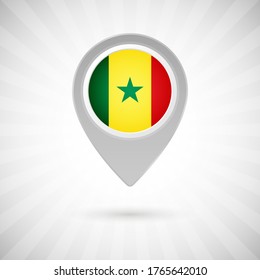 Shiny map pin with flag of Senegal country. Abstract map marker with flag over classic background