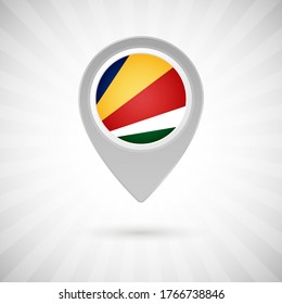 Pin de mapa brillante con bandera del país de Seychelles. Marcador de mapa abstracto con bandera sobre fondo clásico
