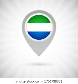 Shiny map pin with flag of Sierra Leone country. Abstract map marker with flag over classic background