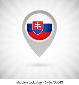 Shiny map pin with flag of Slovakia country. Abstract map marker with flag over classic background