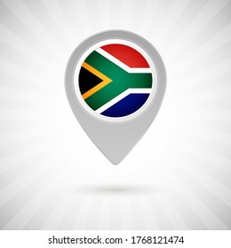 Shiny map pin with flag of South Africa country. Abstract map marker with flag over classic background