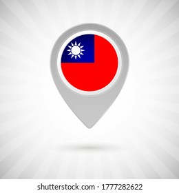 Shiny map pin with flag of Taiwan country. Abstract map marker with flag over classic background