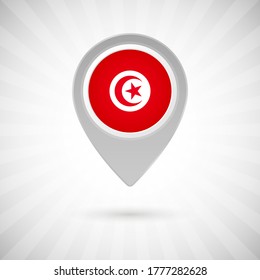 Shiny map pin with flag of Tunisia country. Abstract map marker with flag over classic background