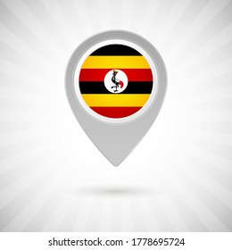 Shiny map pin with flag of Uganda country. Abstract map marker with flag over classic background