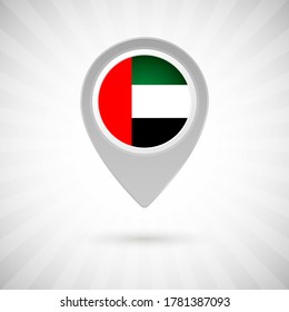 Schlauer Kartenstift mit Flagge des Landes der Vereinigten Arabischen Emirate. Abstrakte Kartenmarkierung mit Flagge auf klassischem Hintergrund